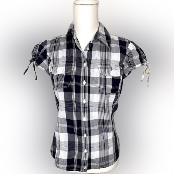 Tommy Hilfiger Women Cap Sleeve Plaid Button up Top Shirt  Small 100% Cotton - Picture 1 of 8